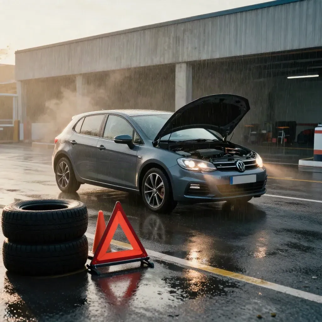 Ciemny hatchback z podniesioną maską, trójkąt ostrzegawczy i opony na mokrym placu.