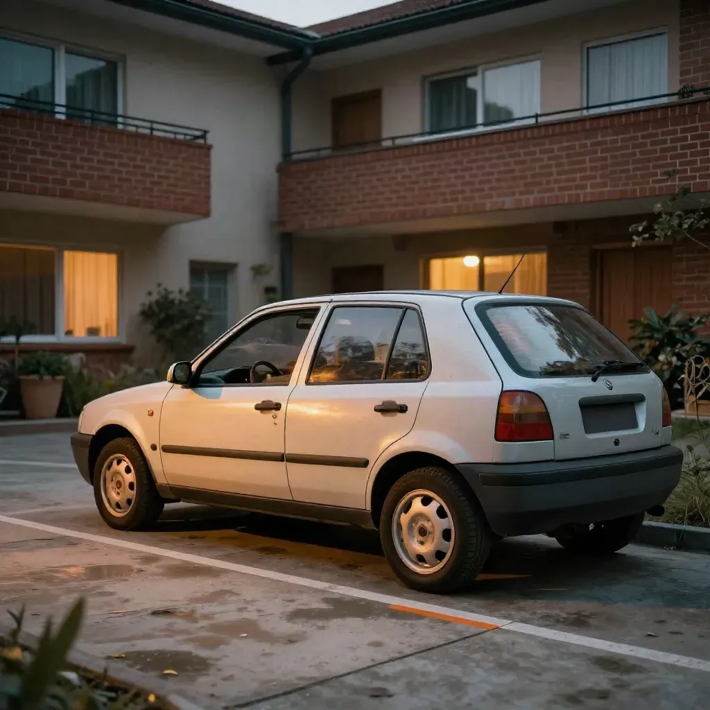 Mały hatchback na spokojnym podwórzu o zmierzchu, widok z tyłu pod niskim kątem