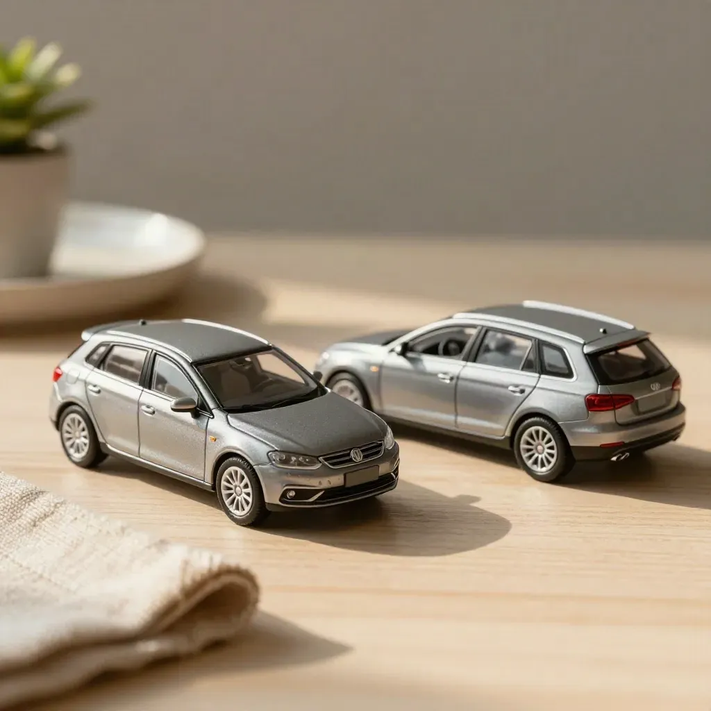Dwa modele hatchbacków obok siebie na jasnym drewnie z lnem i rośliną.